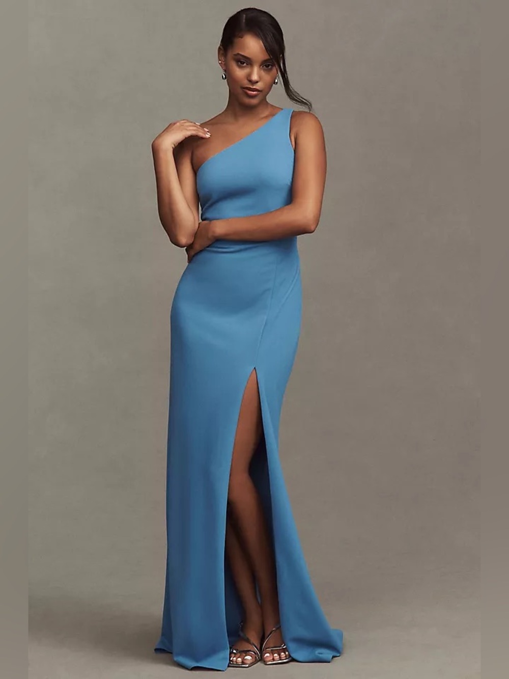 BHLDN Hallie One-Shoulder Stretch Crepe Maxi Gown Cerulean Blue Large